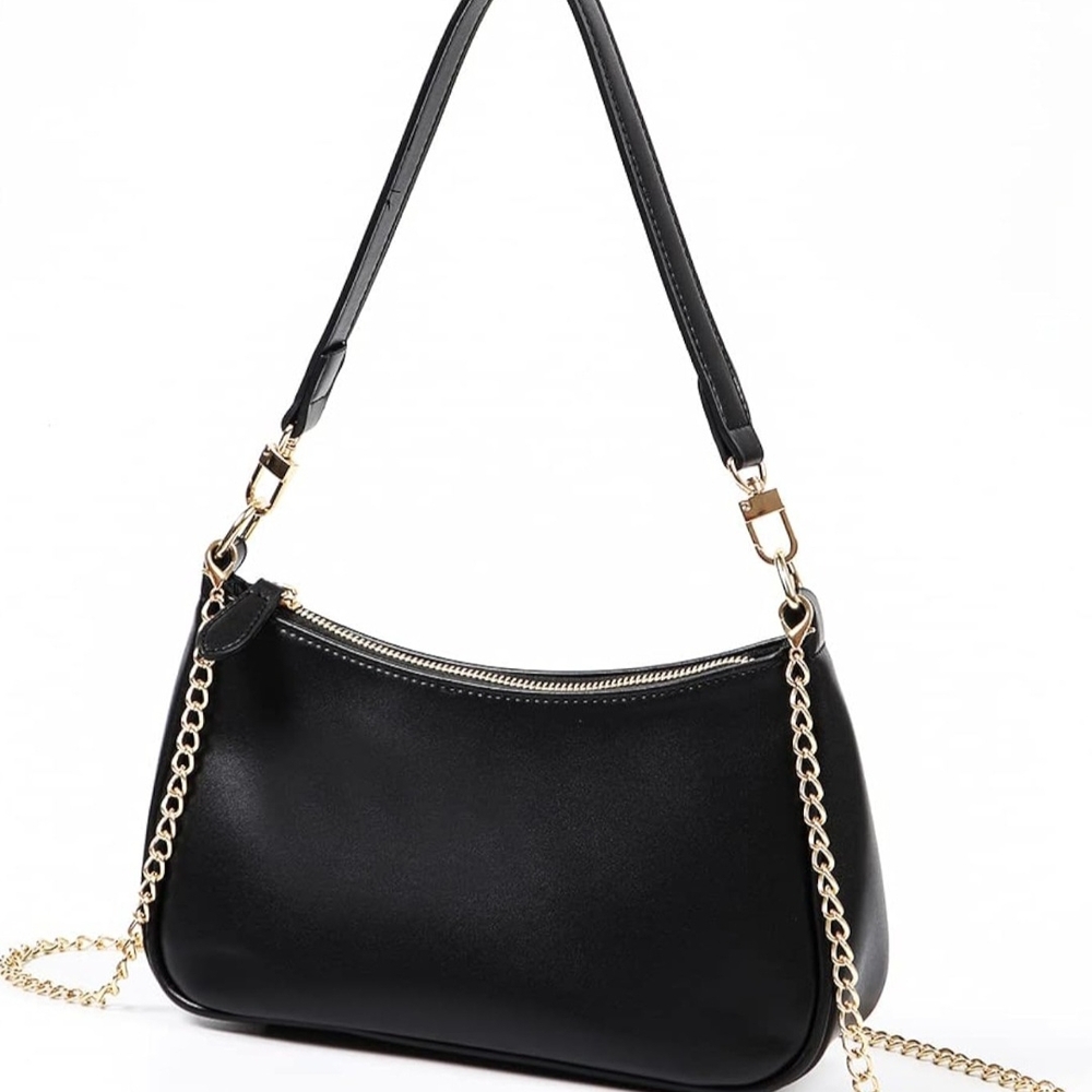 Sleek Black Shoulder Bag with Gold Accents